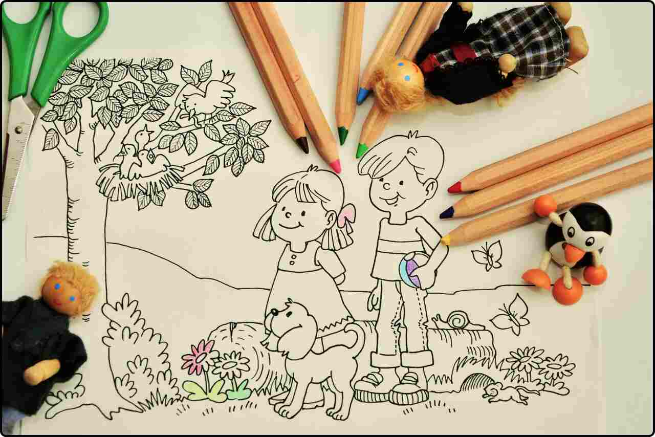 A colorful drawing featuring playful cartoon animals designed for children.